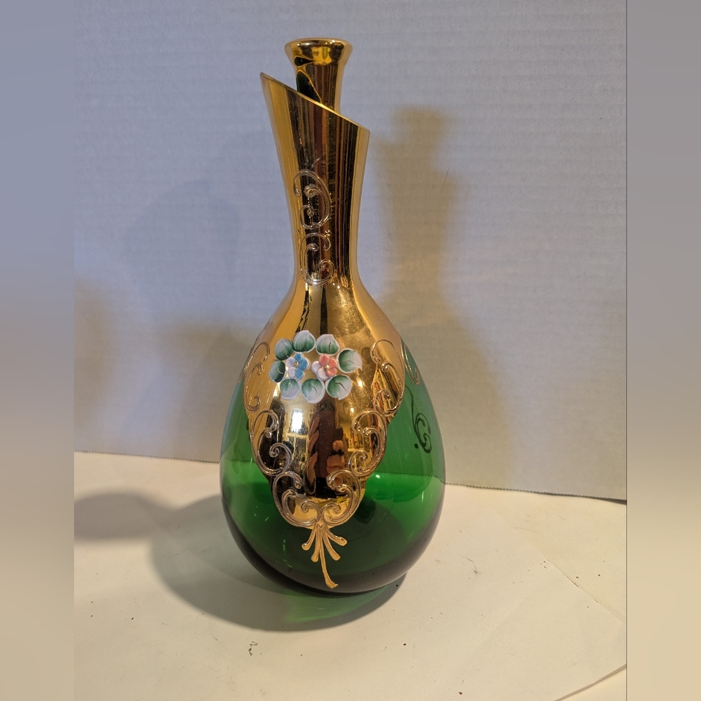 Italian Art Glass Decanter Emerald Green with Gold Floral Enamel Hand Blown.